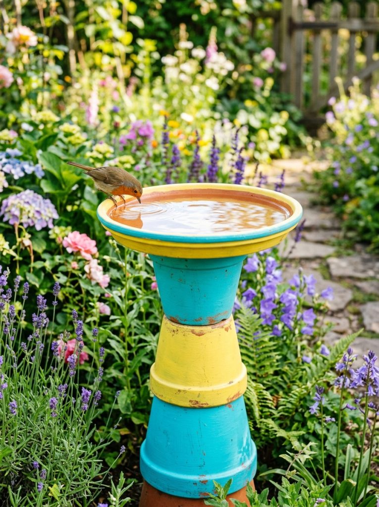 DIY bird bath from stacked turquoise yellow terracotta pots with bird perched on edge