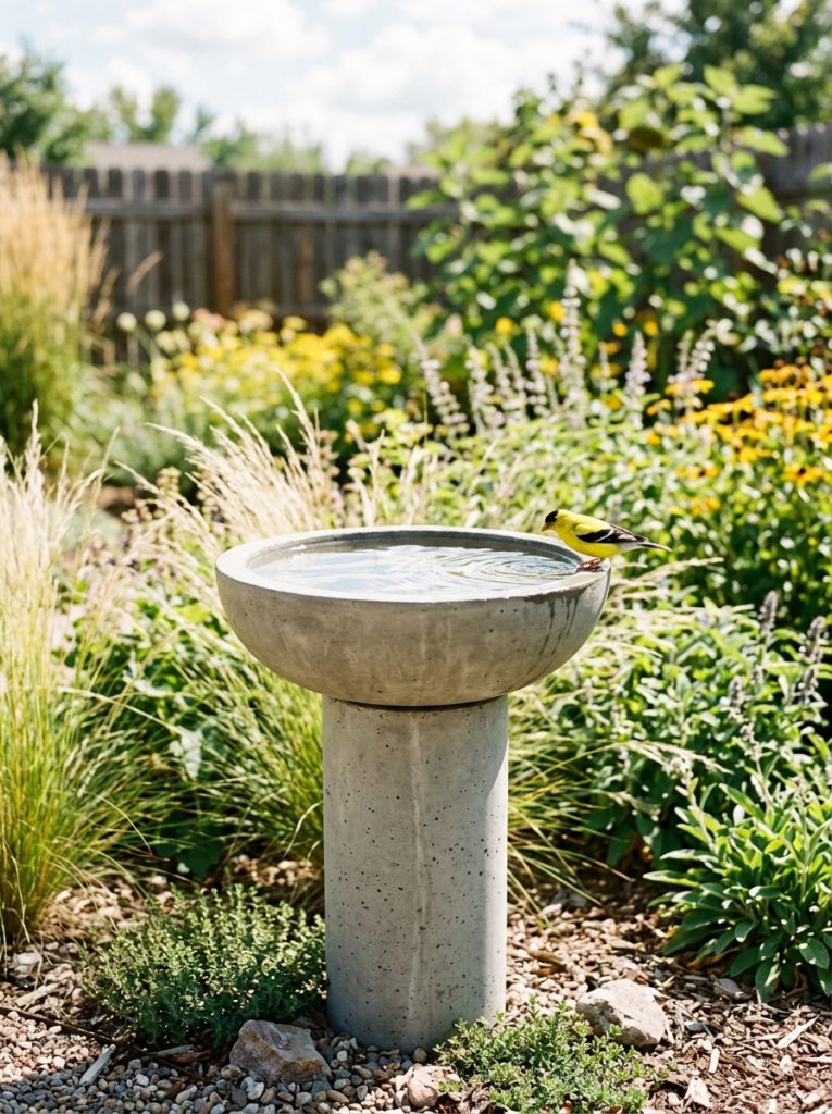 Simple modern DIY concrete bird bath with smooth round bowl on cylindrical pedestal in minimalist garden