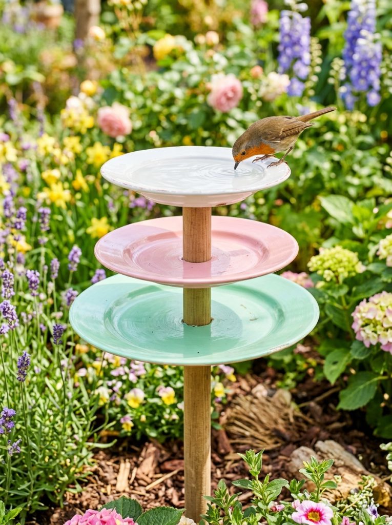 Dollar Tree ceramic plates stacked on wooden dowel painted pastel pink white mint bird bath