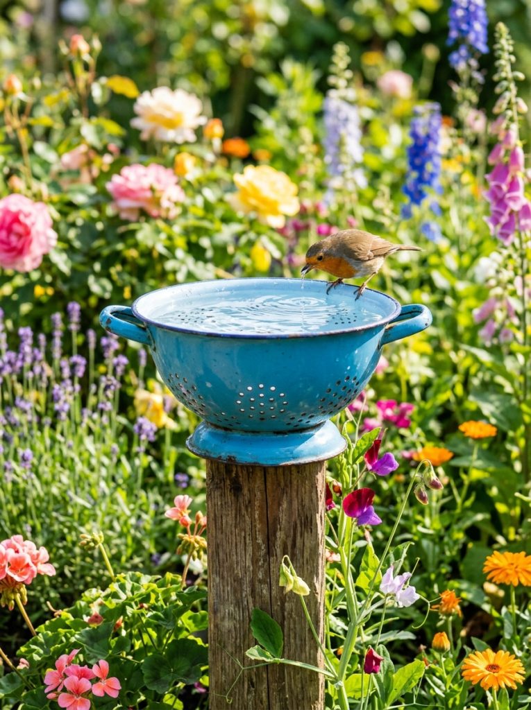 Creative DIY bird bath from blue enamel colander on wooden post with robin in cottage garden
