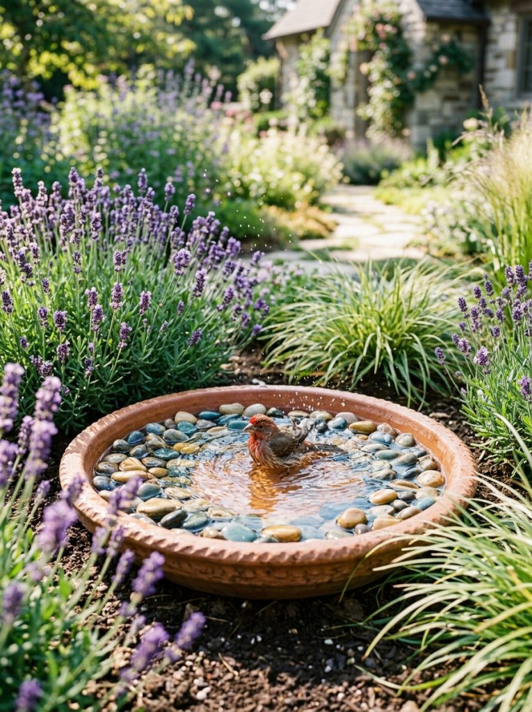 Ground level terracotta dish bird bath with colorful pebbles and bird bathing in sunny front yard border
