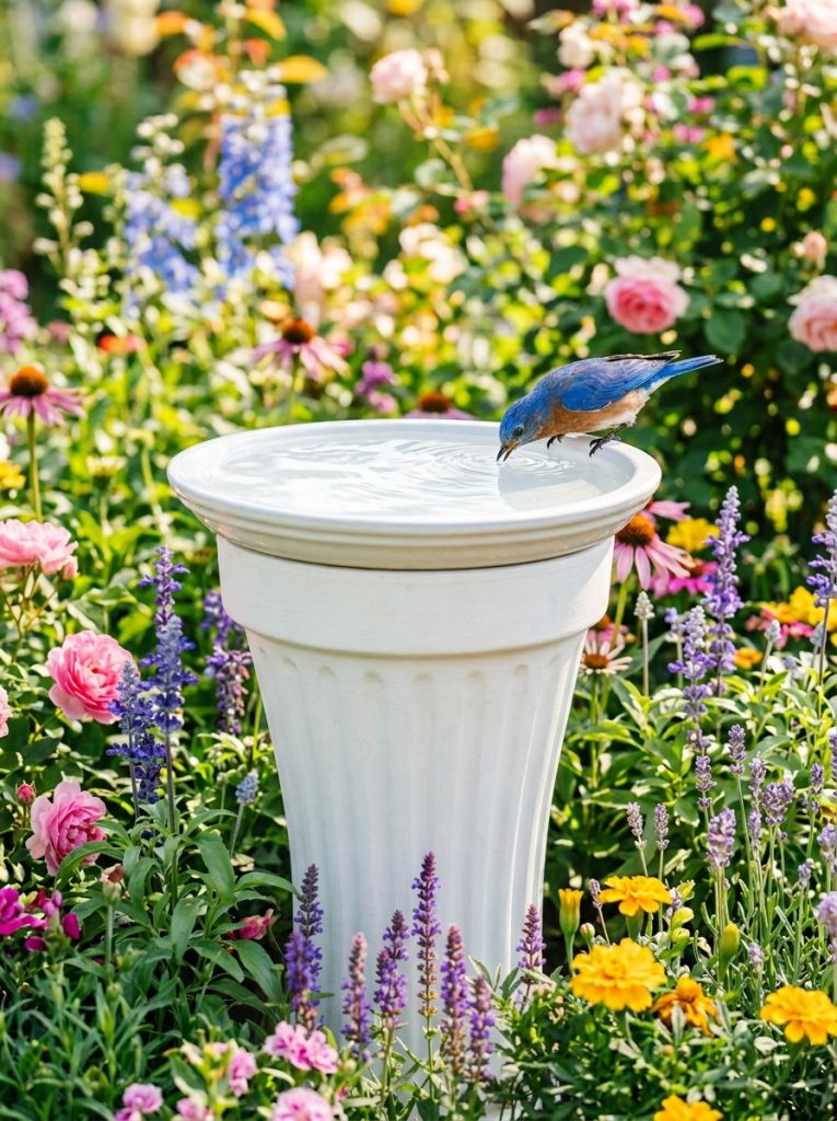  Simple DIY bird bath from wide ceramic dish on white terracotta pot with blue bird drinking