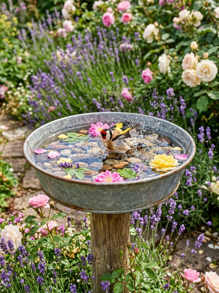 Galvanized metal tub bird bath with pebbles flower petals and bird splashing in cottage garden