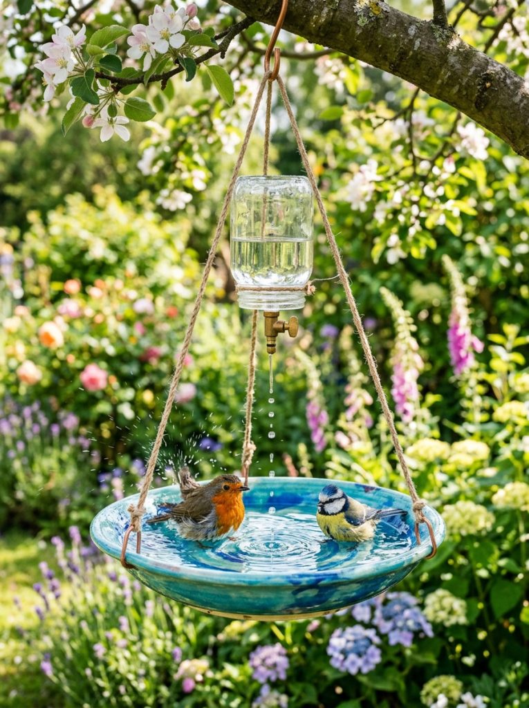  DIY bird bath with water dripper device creating ripples and two birds bathing in sunny garden