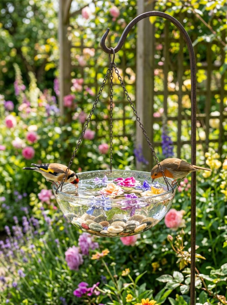 Wide shallow glass bowl hanging from shepherd hook with birds drinking water and floating petals