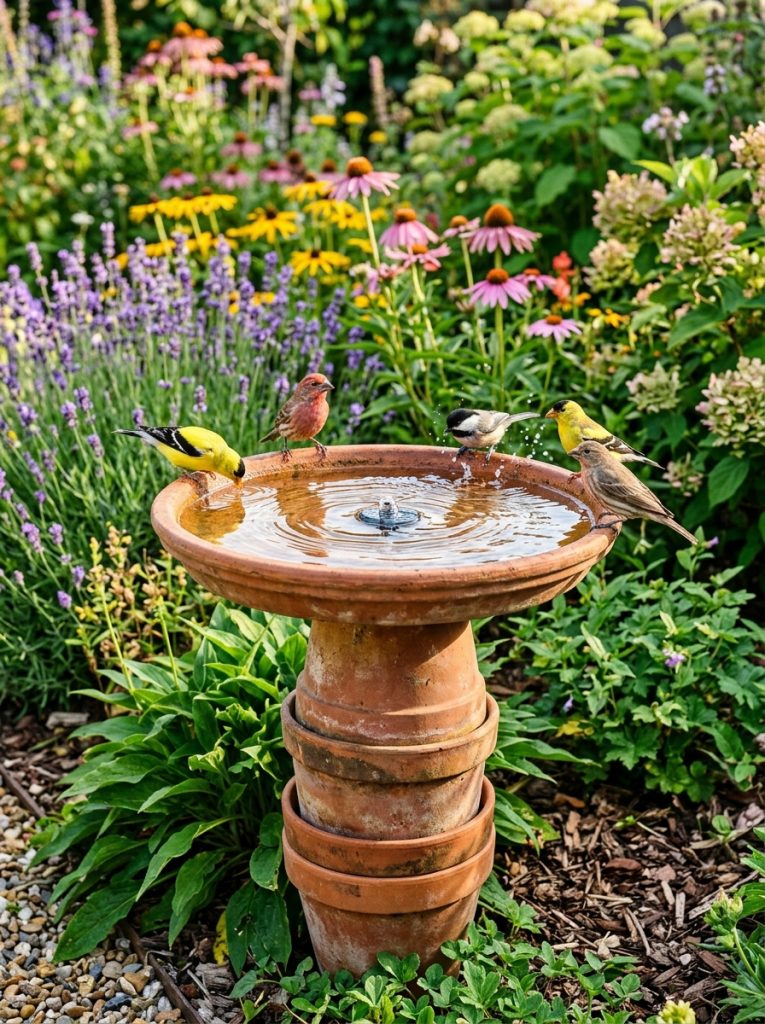  Homemade terracotta bird bath with water wiggler creating ripples attracting several birds in garden