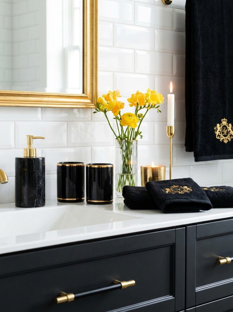 Stunning black and gold bathroom decor with black accessories gold hardware and accents against white tiles in glamorous display