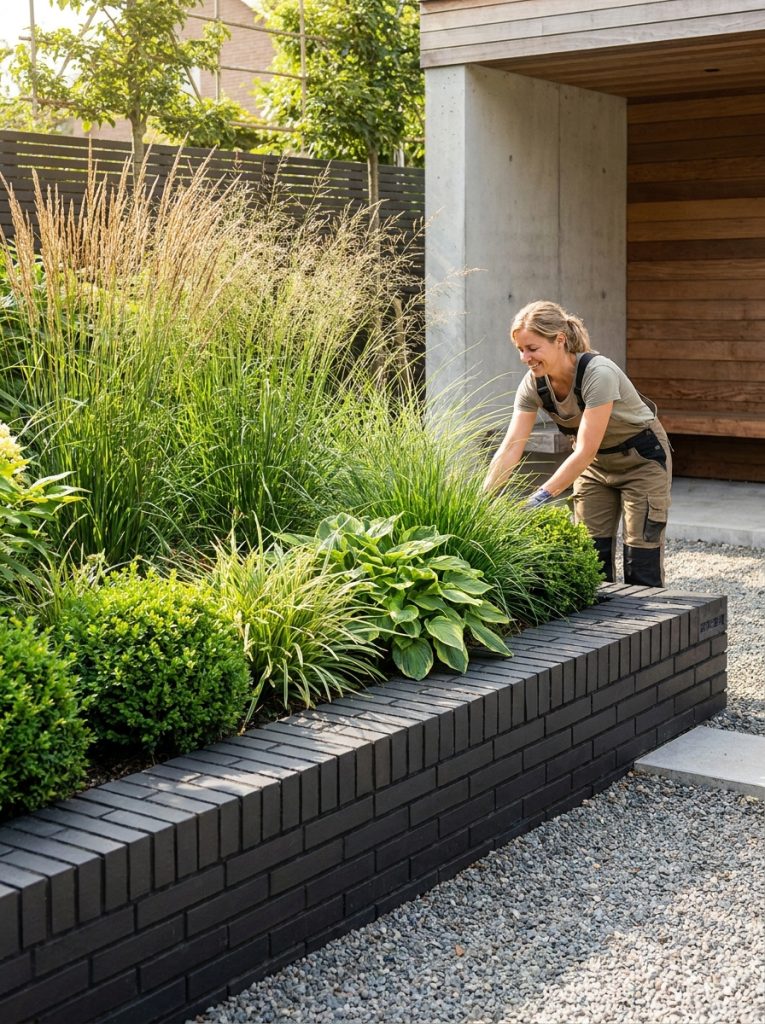 Sleek black brick landscape edging with dark charcoal bricks creating bold clean border in modern garden 