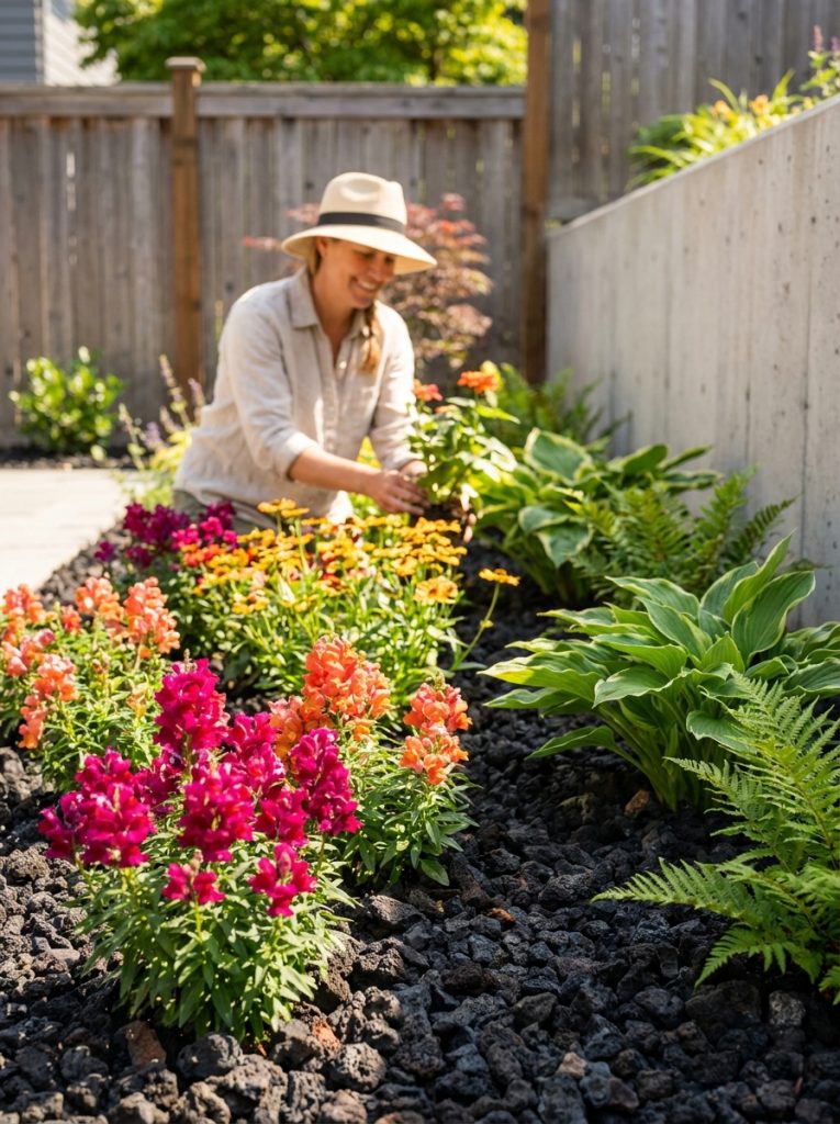 Dramatic black lava rock landscaping with dark volcanic rocks as ground cover contrasting with bright flowering plants in modern garden