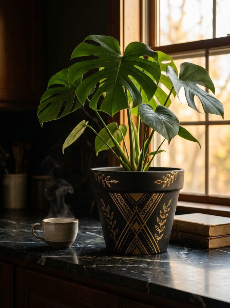 Matte black painted terracotta pot with gold geometric details and leaf accents with lush green plant 