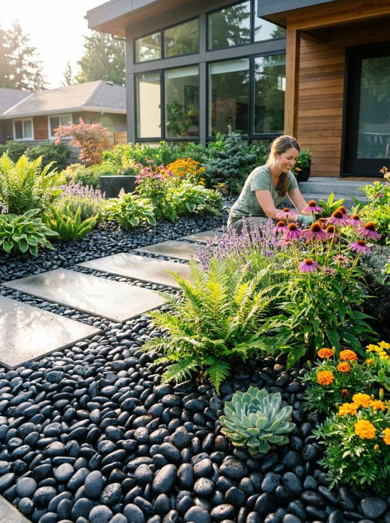 Striking black river rock landscaping with dark smooth rocks as ground cover and pathway edging in modern sunny garden