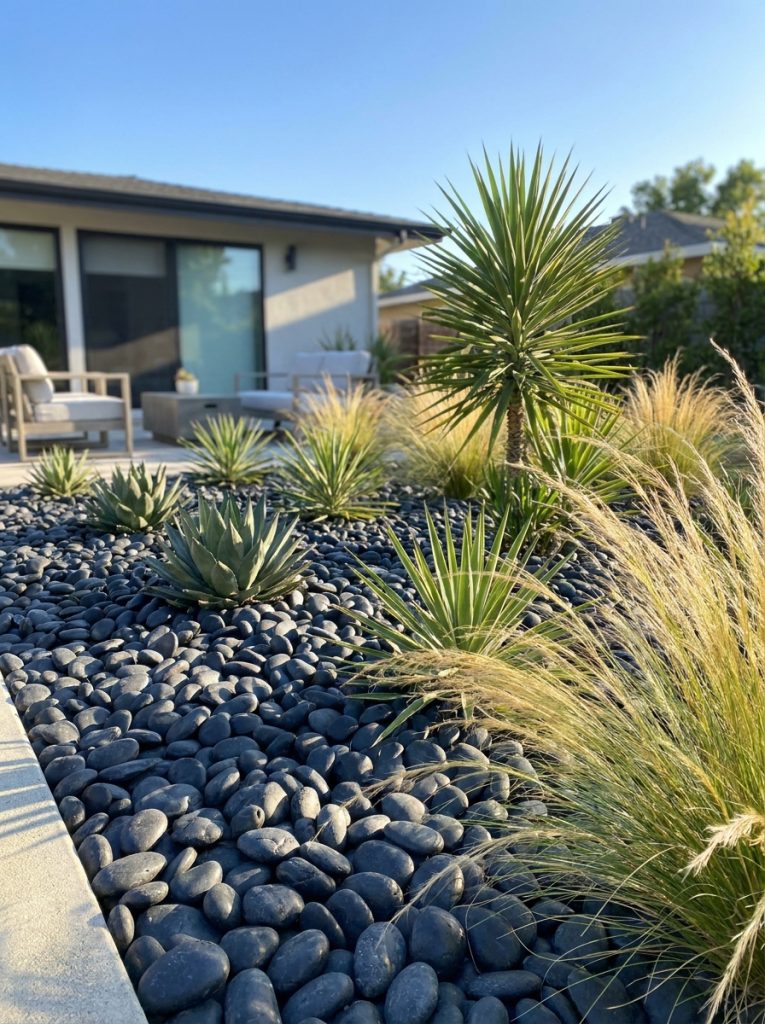 Dramatic large black river rock landscaping with substantial dark rocks and architectural plants in bold modern sunny garden 