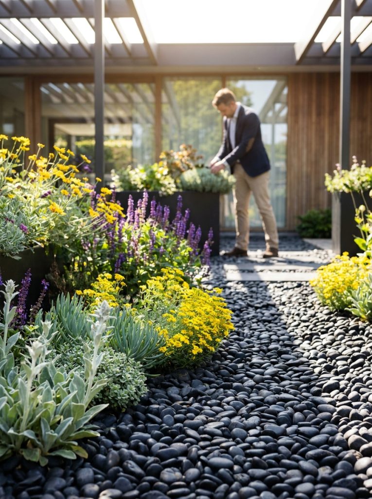 Striking black rock landscaping with dark charcoal smooth rocks as ground cover and pathway edging in bold modern garden 