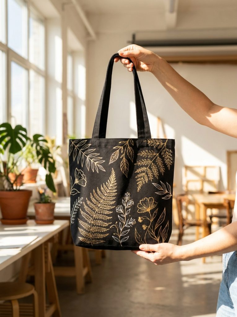 Beautiful black aesthetic painted tote bag with gold botanical line art on dark canvas creating stunning contrast and luxurious design