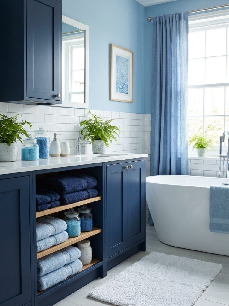 Beautiful blue bathroom decor with fresh blue accessories towels and accents in navy and white combinations