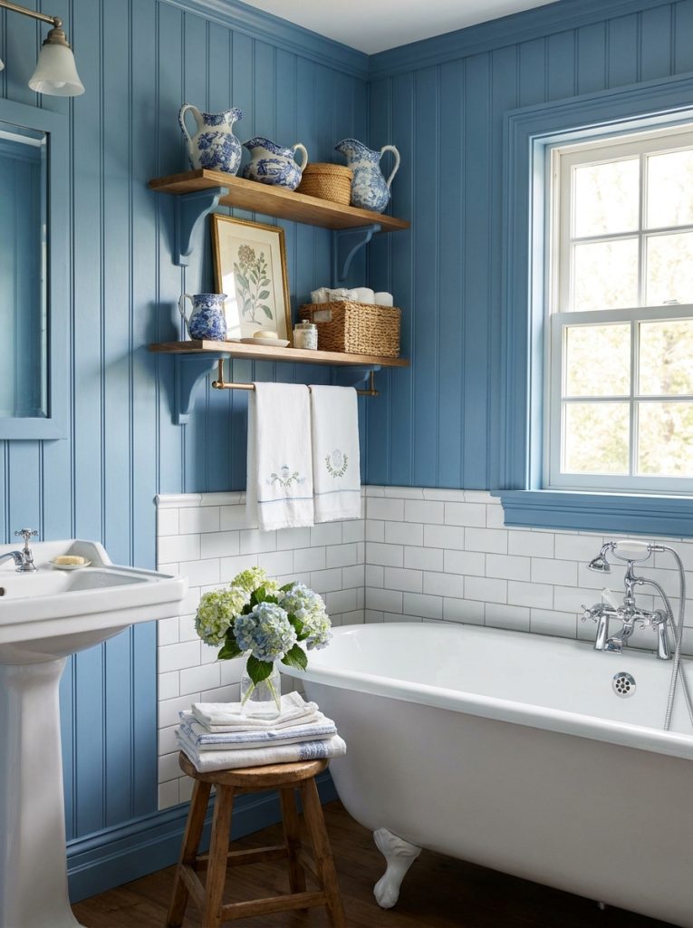  Beautiful blue french cottage bathroom with soft blue and white scheme vintage accessories blue walls and fresh cottage atmosphere 