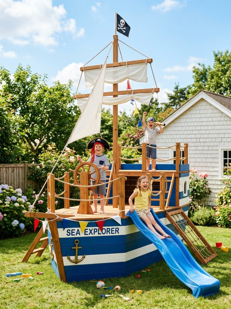 Unique boat-shaped wooden kids playground painted blue and white in sunny backyard