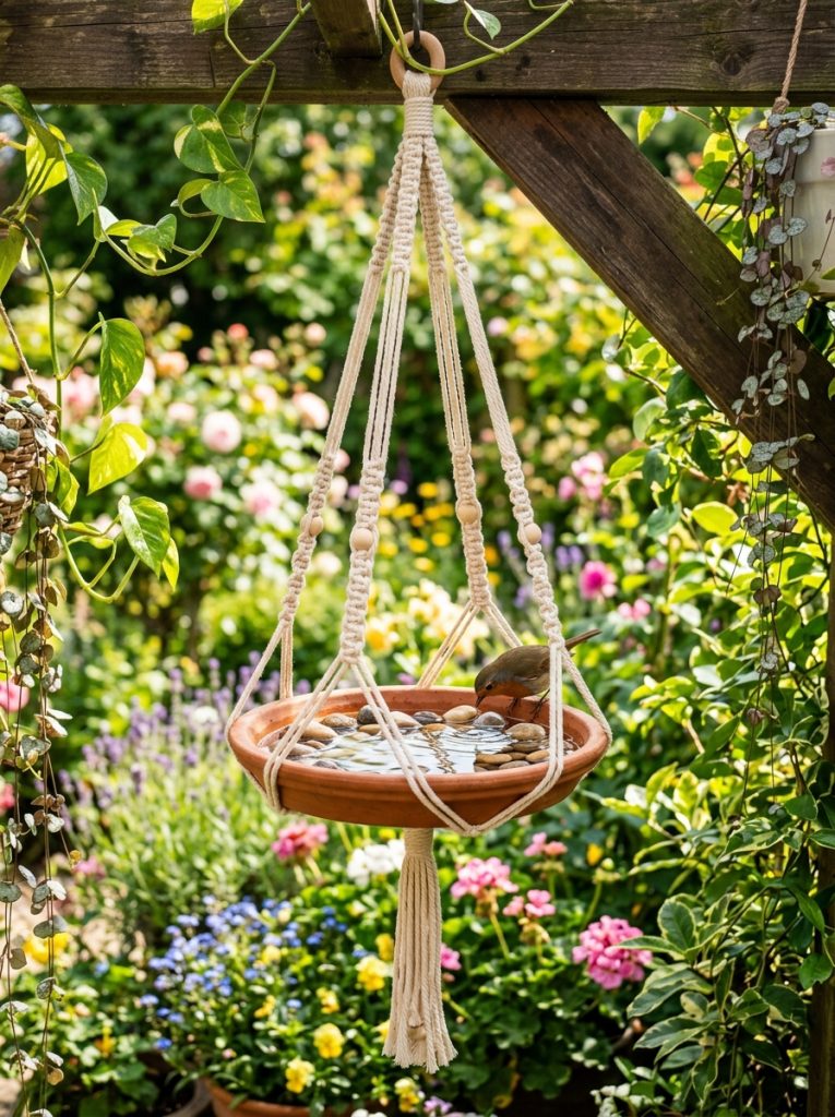 Wide terracotta saucer cradled in handmade macrame hanger as hanging bird bath on pergola beam