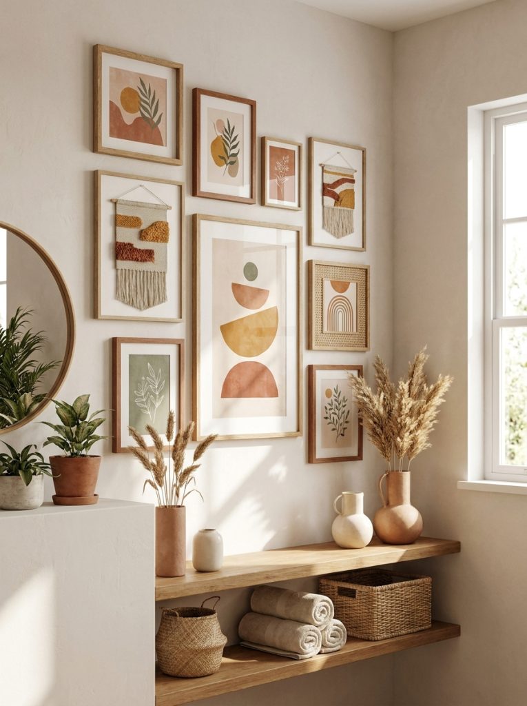 Beautiful boho modern bathroom wall art with earthy prints natural textures organic shapes in warm toned frames