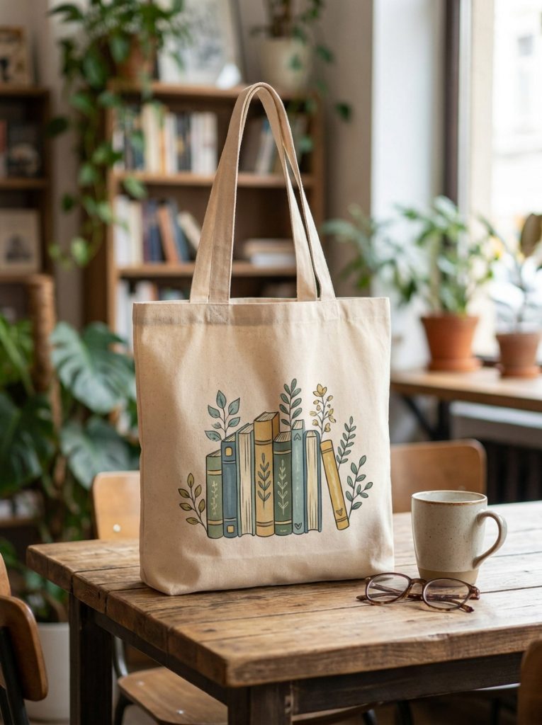 Charming book themed painted tote bag with hand-painted book stack or literary quote in beautiful lettering and botanical details