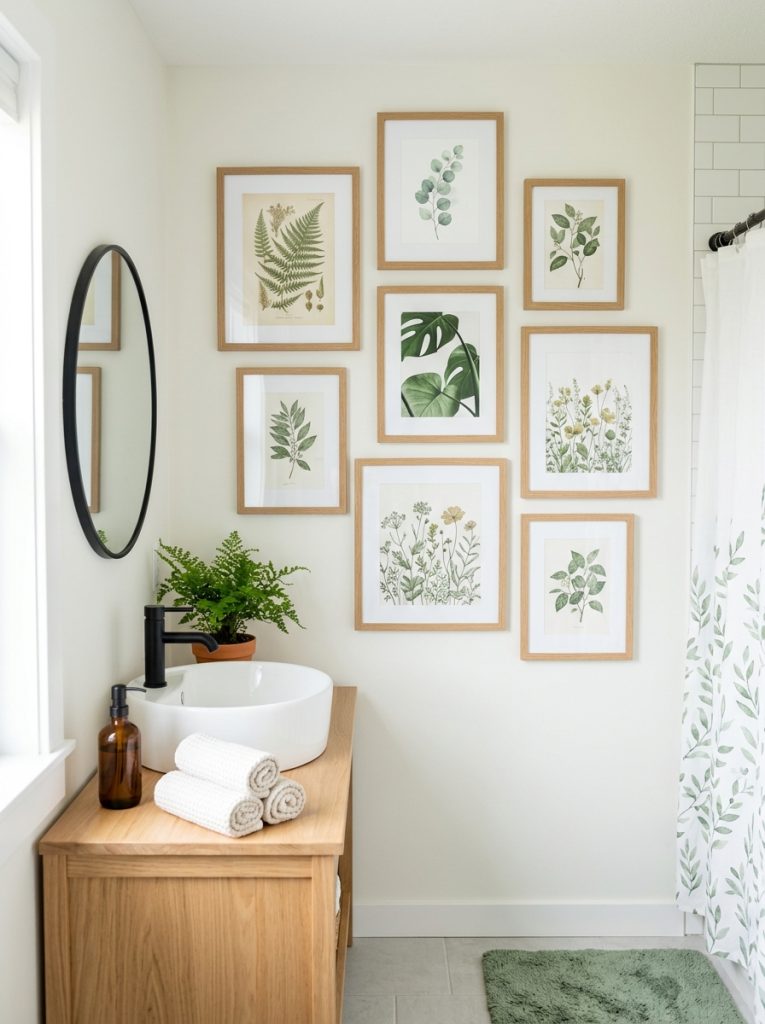Beautiful botanical bathroom picture ideas with framed plant and flower prints creating fresh calming natural bathroom atmosphere