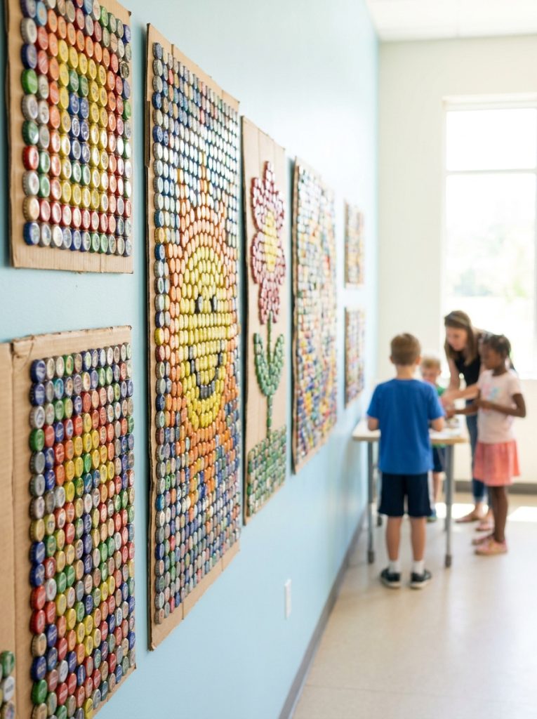 Colorful bottle cap mosaic art arranged in geometric patterns on cardboard displayed on wall