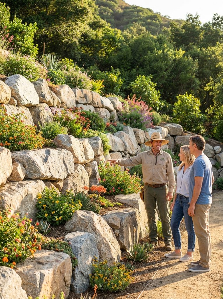 Dramatic boulder retaining wall with large natural stones holding back hillside with plants growing between boulders