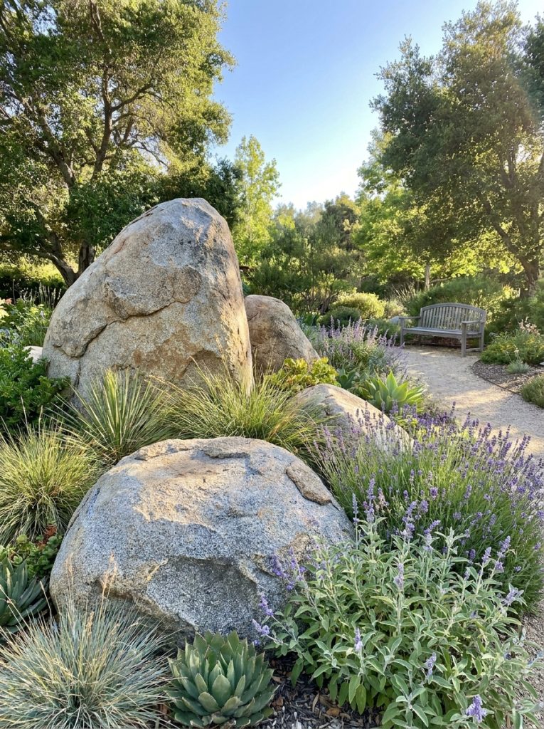 Dramatic boulder rock landscaping with large natural boulders as statement features and plants at base in sunny garden