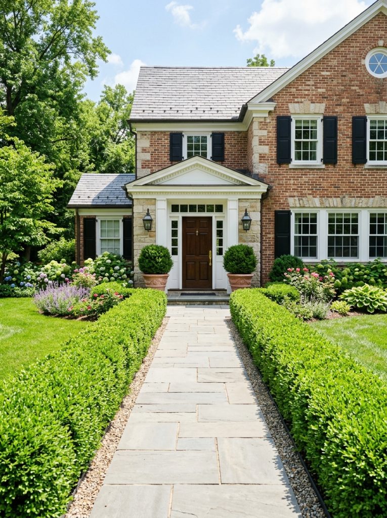 Beautiful boxwood front walkway landscaping with neatly clipped boxwood shrubs lining both sides of straight path in sunny setting