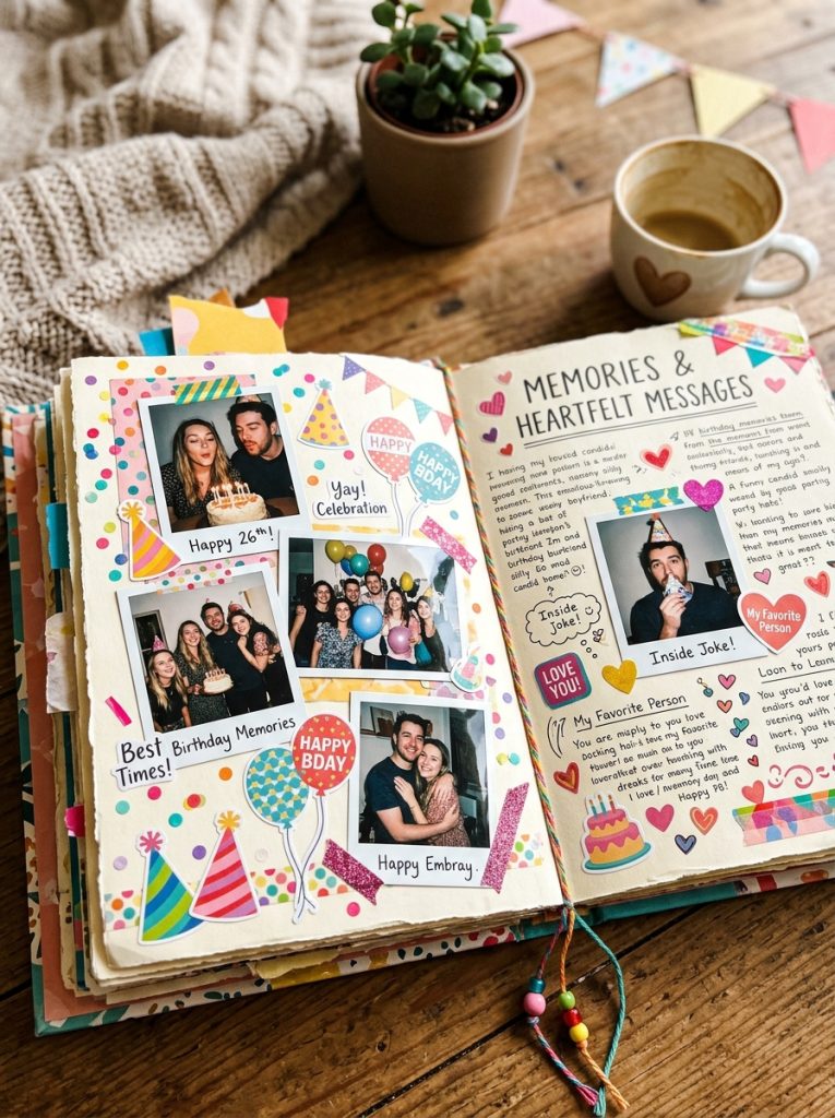Beautiful boyfriend birthday scrapbook with celebration photos birthday memories funny pages and heartfelt messages with birthday stickers