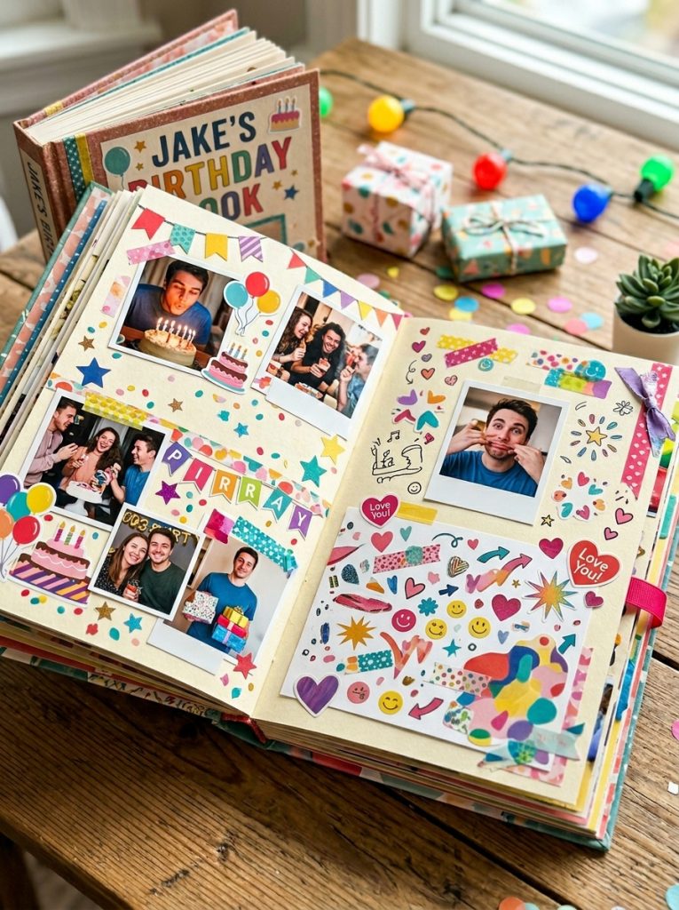 Beautiful anniversary scrapbook with relationship timeline first date special memory love letter and couple photos with romantic elements