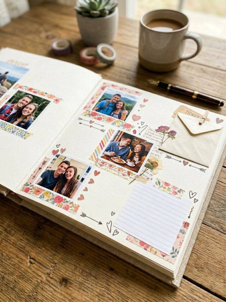 Beautiful romantic boyfriend scrapbook with couple photos love notes hand lettered quotes romantic stickers and washi tape borders