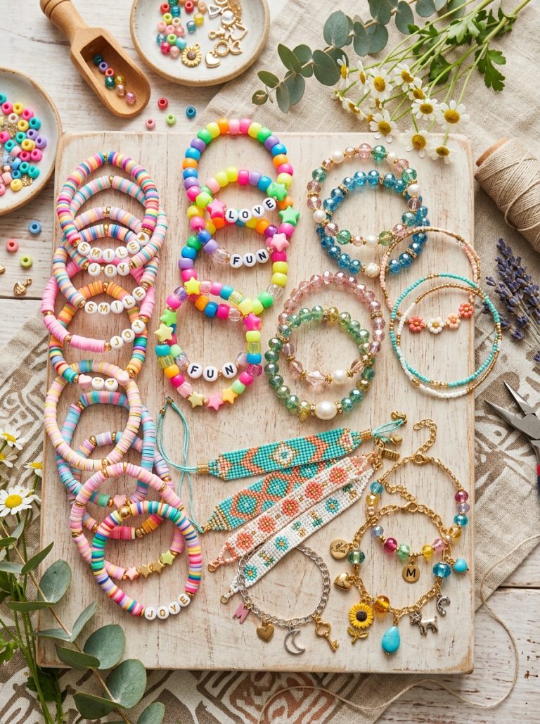 Beautiful bracelet ideas display with clay bead kandi glass bead seed bead and charm bracelets arranged on styled flat lay surface