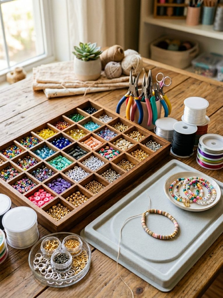 Complete bracelet making kit spread on craft table with beads elastic cord wire clasps and tools creating inspiring setup