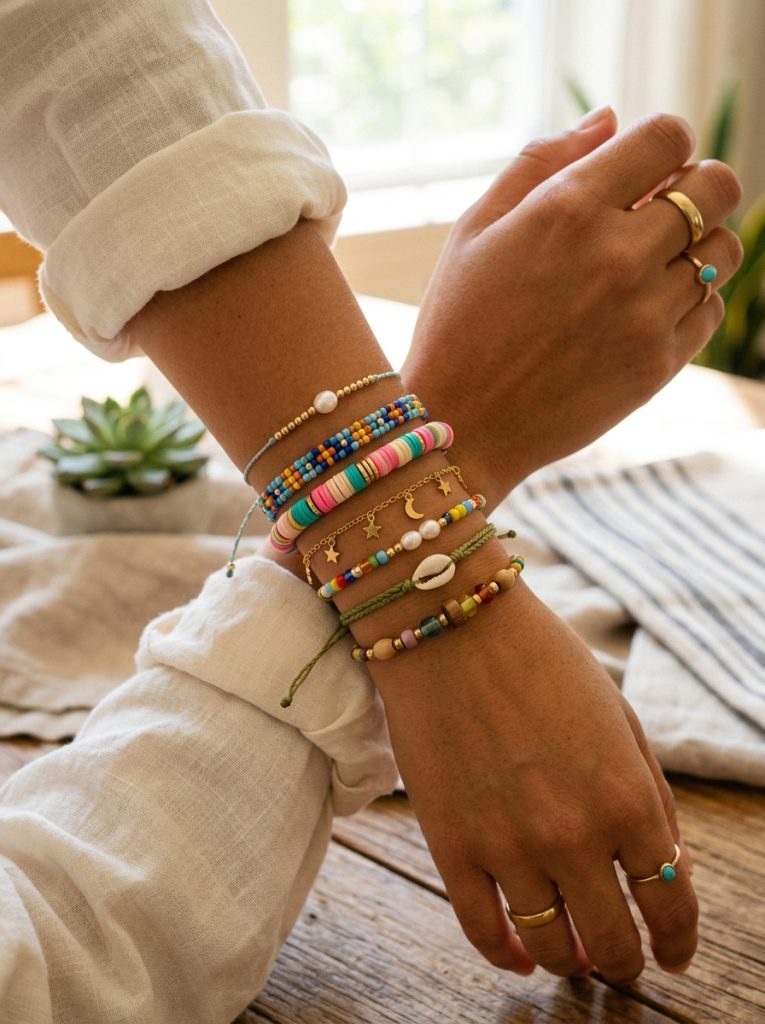 Beautiful homemade bracelet stack with multiple types including clay beads seed beads gold accents and string bracelets on wrist