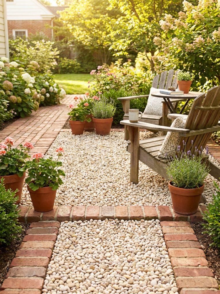  Beautiful brick and pea gravel patio with classic red brick border defining edge and smooth gravel filling interior 
