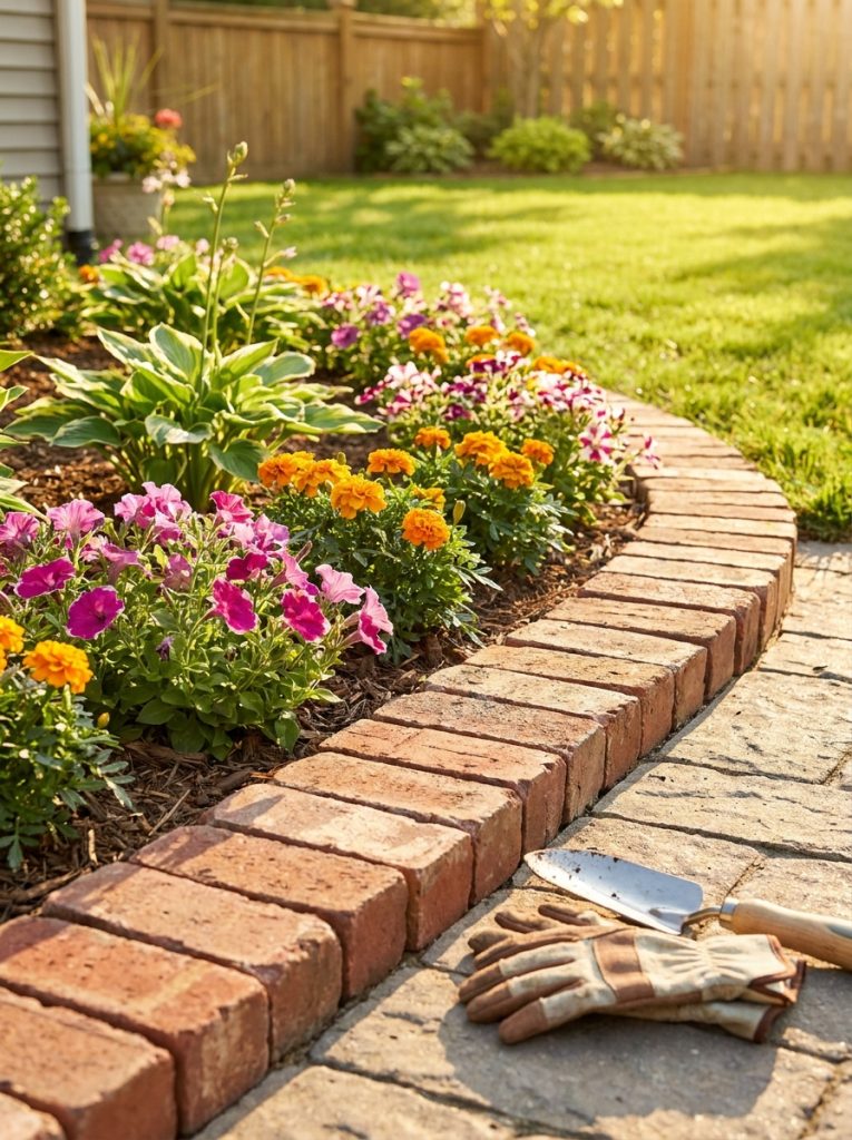 lassic brick landscape edging with red bricks laid flat creating clean defined garden border with colorful flowers 