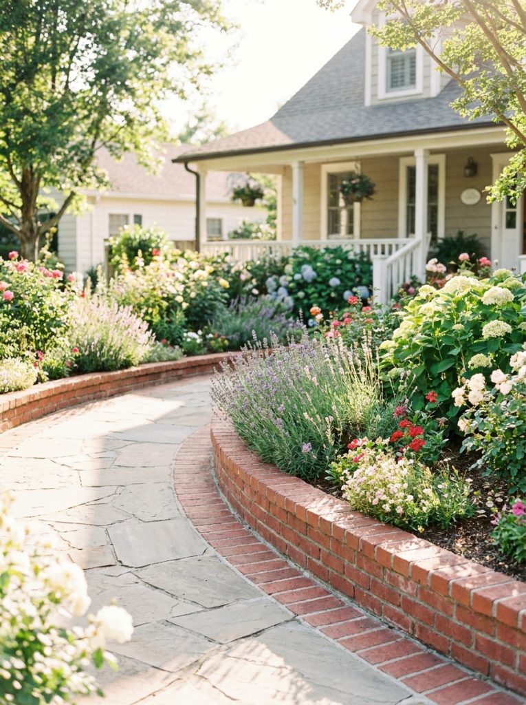 Beautiful brick landscape edging along garden path and sidewalk creating clean border between path and planted beds