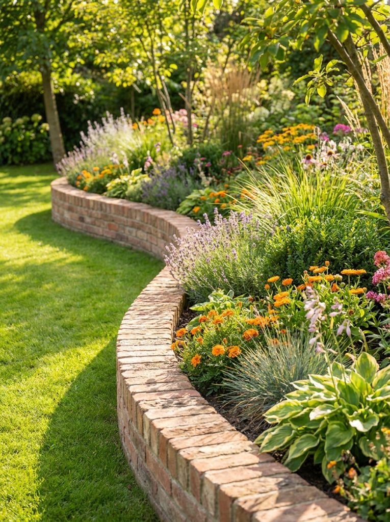 Beautiful curved brick landscape edging following gentle sweeping curve along lawn edge with grass and colorful plants 