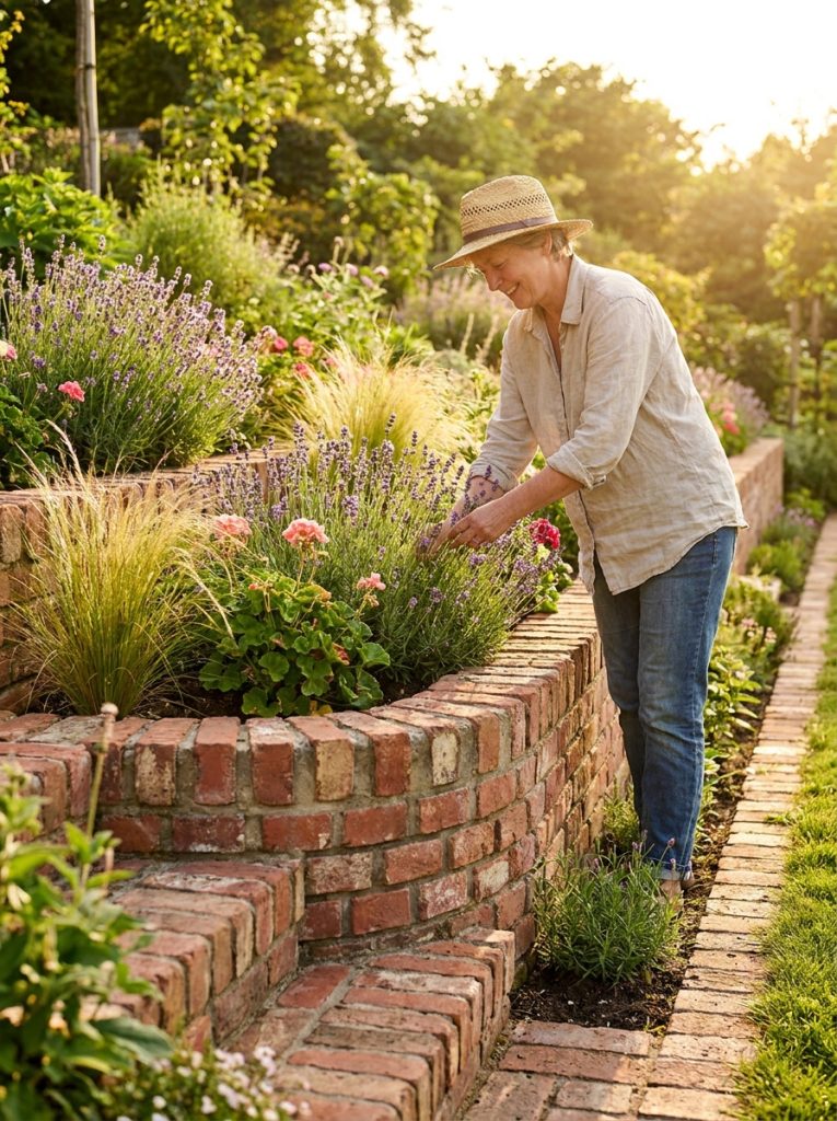 Brick landscape edging used as small retaining wall with multiple courses holding back raised planting on garden slope