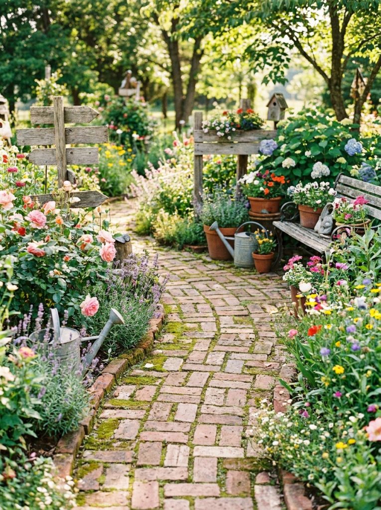 Charming DIY brick garden path winding through colorful flower garden with reclaimed bricks in simple patter