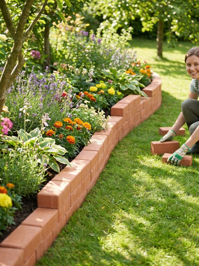 Brick landscape edging stepping down gentle garden slope in neat courses with plants on high side and lawn on low 