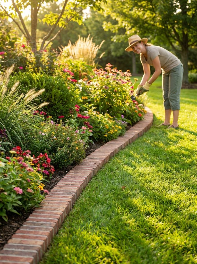  Beautiful brick landscape edging creating perfect clean separation between green lawn and colorful planted garden bed