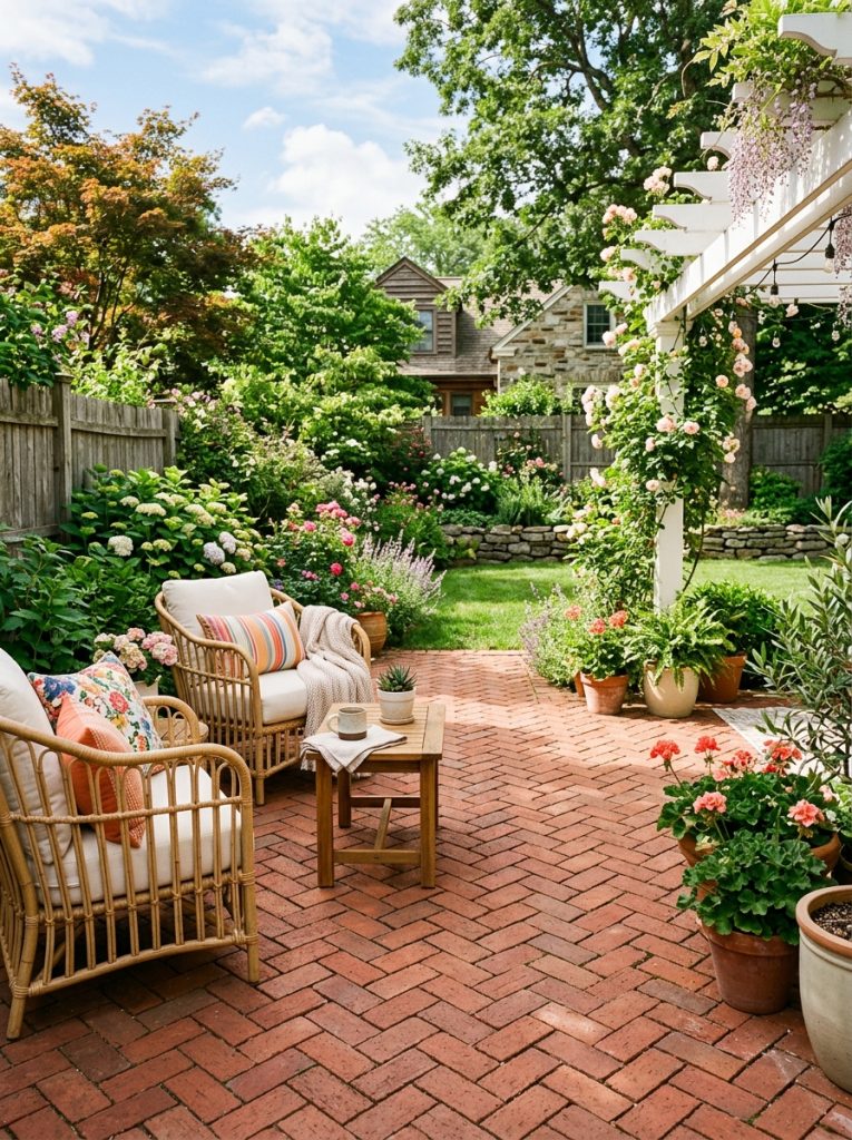 Beautiful brick paver patio with classic red bricks in herringbone pattern outdoor furniture and potted plants in sunny backyard