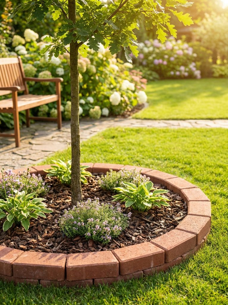  Beautiful circular brick landscape edging tree ring around garden tree base with mulch and low plants inside