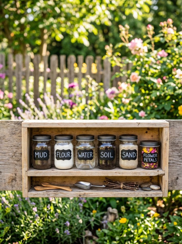 Mud kitchen shelf with labeled ingredient jars for mud flour soil water sand and flower petals