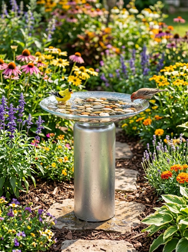 Dollar store glass candle holder upside down as pedestal with glass plate bird bath on top