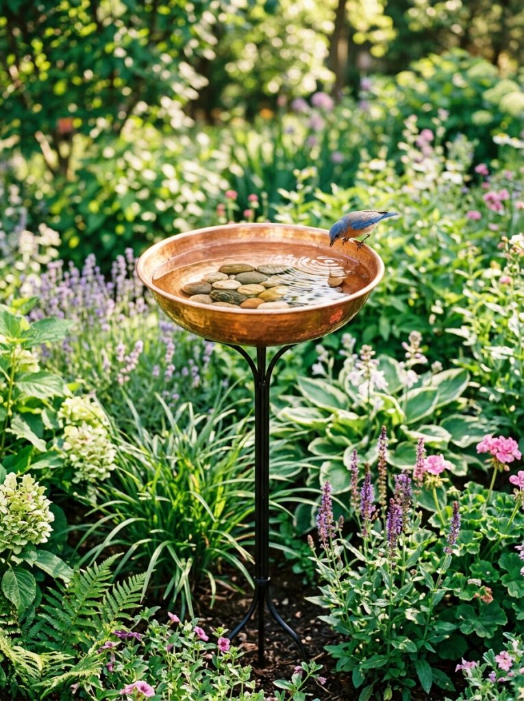 Wide shallow copper bowl mounted on black metal stake as beautiful DIY bird bath in garden