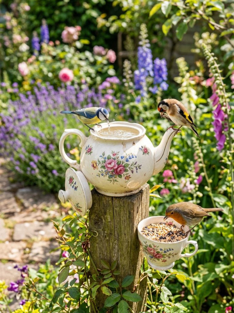 Whimsical vintage floral teapot bird bath on wooden post with teacup bird feeder and small birds