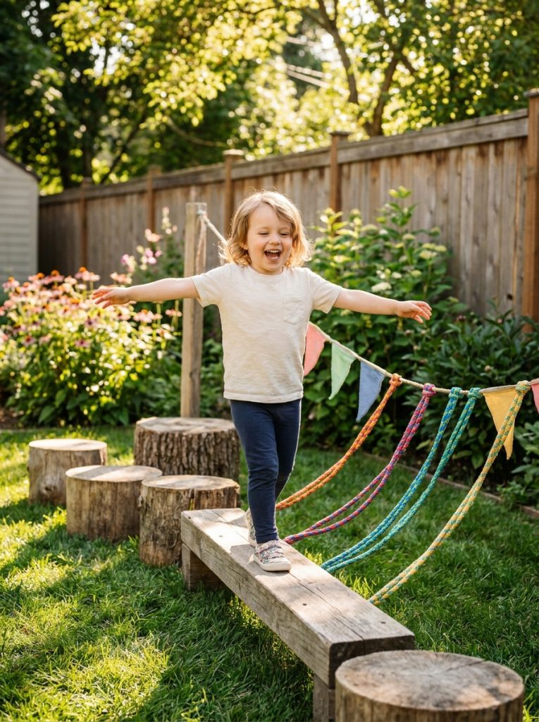  DIY kids backyard playground with wooden balance beam and stepping stumps on green grass